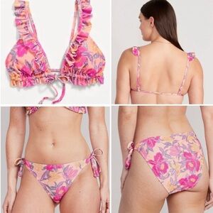 Old Navy Floral Peach String Bikini Top & Bottom XXL 2X Pink Purple Print New